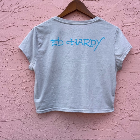 Ed Hardy Gray Cropped T-Shirt Heart Eagle Embellished Y2K Size XL - Picture 3 of 7